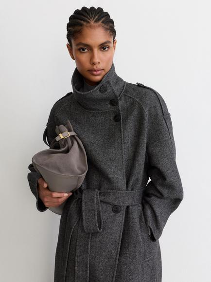 Reiss Martina Herringbone Funnel Neck Overcoat, Dark Grey - view 2, Dark Grey