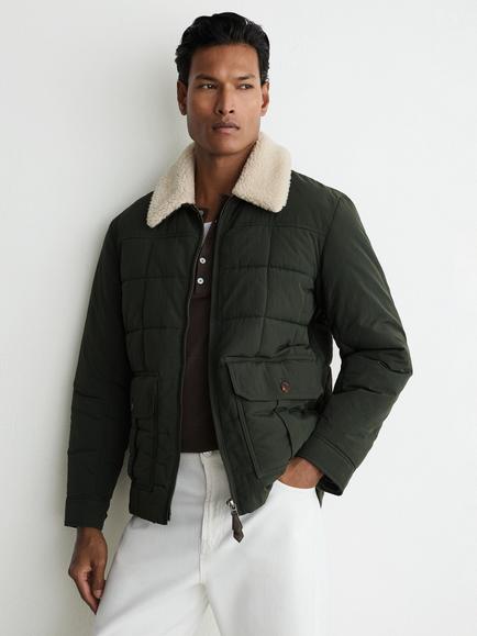 Reiss Dame Quilted Fleece Collar Jacket, Khaki Green