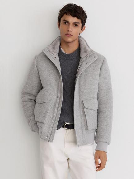 Reiss Fasten Wool Blend Faux Fur Collar Quilted Jacket, Soft Grey, Soft Grey