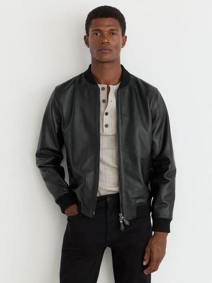 Reiss Strain Leather Bomber Jacket, Black, Black