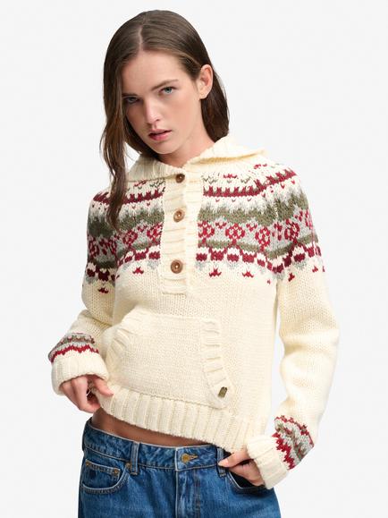 Superdry Fair Isle Half Button Hoodie, Ecru/Multi, Ecru/Multi