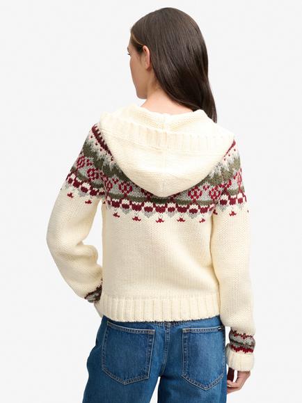 Superdry Fair Isle Half Button Hoodie, Ecru/Multi - view 2, Ecru/Multi