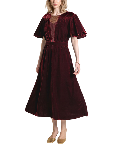 Raishma Adeline Volume Sleeve Midi Dress, Burgundy, Burgundy