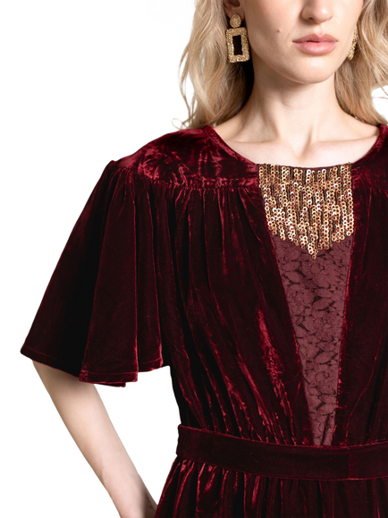 Raishma Adeline Volume Sleeve Midi Dress, Burgundy - view 2, Burgundy