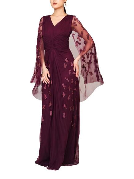 Raishma Adriana V-Neck Bell Sleeve Maxi Dress, Burgundy, Burgundy