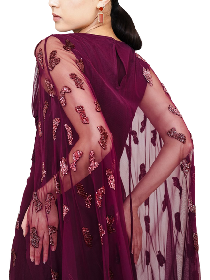 Raishma Adriana V-Neck Bell Sleeve Maxi Dress, Burgundy - view 2, Burgundy