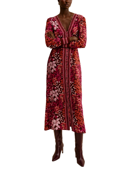Raishma Enya Long Sleeve V-Neck Midi Dress, Burgundy, Burgundy
