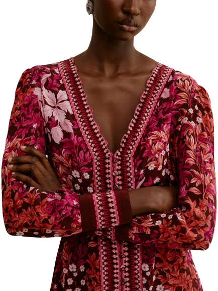 Raishma Enya Long Sleeve V-Neck Midi Dress, Burgundy - view 2, Burgundy