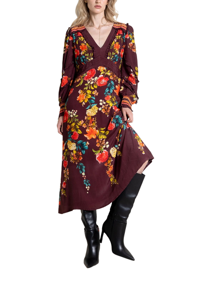 Raishma Gia Long Sleeve V-Neck Floral Midi Dress, Burgundy, Burgundy