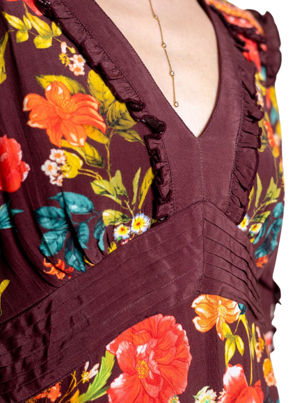 Raishma Gia Long Sleeve V-Neck Floral Midi Dress, Burgundy - view 2, Burgundy