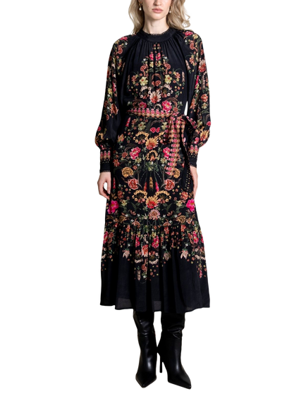 Raishma Maison Blouson Sleeve Floral Midi Dress, Black, Black