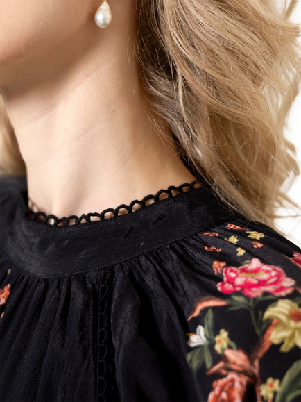 Raishma Maison Blouson Sleeve Floral Midi Dress, Black - view 2, Black