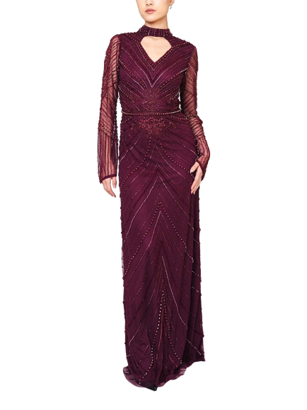 Raishma Mira Long Sleeve Embellished Maxi Dress, Burgundy, Burgundy