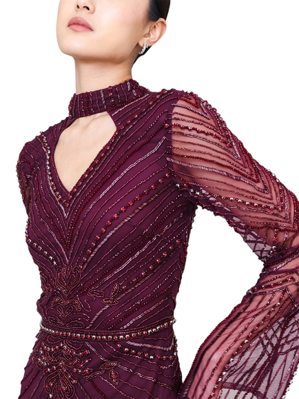 Raishma Mira Long Sleeve Embellished Maxi Dress, Burgundy - view 2, Burgundy