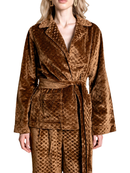 Raishma Viana Embossed Velvet Tie Waist Jacket, Green, Gold