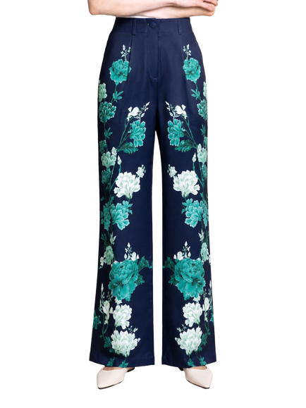 Raishma Jane Floral Wide Leg Trousers, Navy Blue, Navy Blue