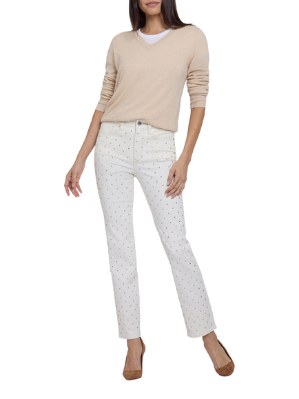 NYDJ Sheri Rhinestones Slim Straight Jeans, Vintage White, Vintage White