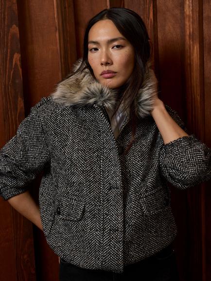 Mint Velvet Herringbone Jacket, Black - view 2, Black