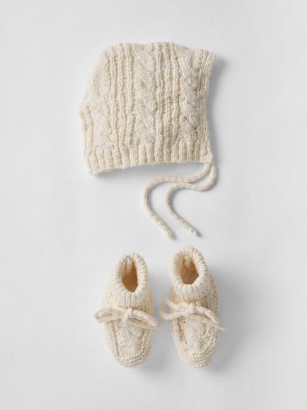 Oat & Marl Baby Cable Knit Booties, Ecru