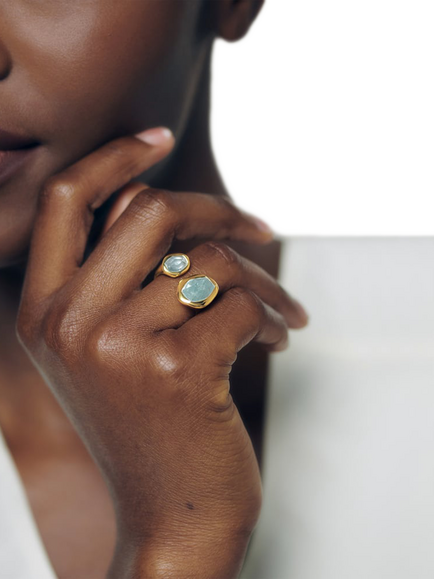 Monica Vinader Odyssey Gem Open Ring, Gold Aquamarine - view 2, Gold Aquamarine