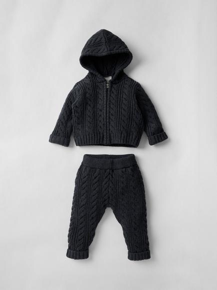 Oat & Marl Baby Cotton Cable Knit Hooded Set, Charcoal