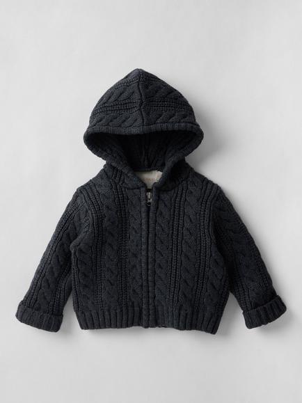 Oat & Marl Baby Cotton Cable Knit Hooded Set - view 2, Charcoal