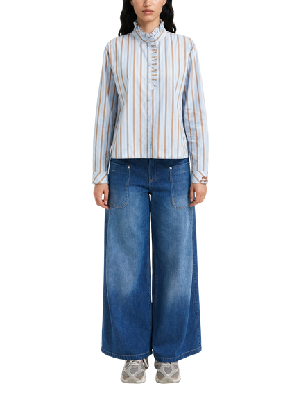 Smith & Soul Striped Cotton Ruffle Collar Shirt, Light Blue/Camel, Light Blue/Camel