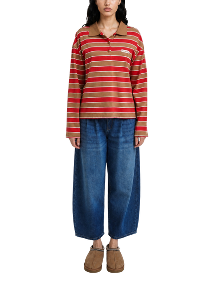 Smith & Soul Stripe Long Sleeve Polo Top, Love/Camel, Love/Camel