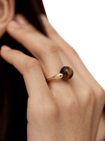 Monica Vinader Kate Young Round Tigers Eye Ring - view 2, Gold