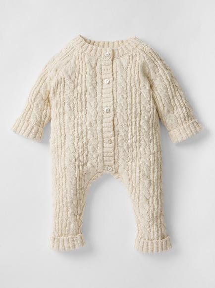 Oat & Marl Baby Cable Knit Boucle All In One, Ecru