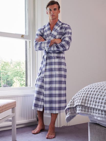 British Boxers Men's Brushed Cotton Tartan Dressing Gown, Bute Blue, Bute Blue