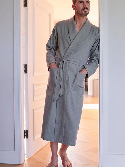 British Boxers Men's Brushed Cotton Herringbone Dressing Gown, Orkney - view 2, Orkney