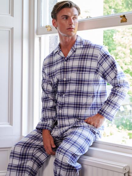 British Boxers Brushed Cotton Tartan Pyjama Set, Bute Blue - view 2, Bute Blue