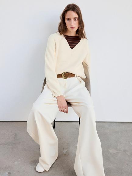 Mango Ribbed V-Neck Relaxed Fit Jumper, Raw, Raw