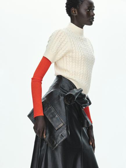 Mango Mock Neck Short Sleeve Cable Knit Jumper, Raw, Raw