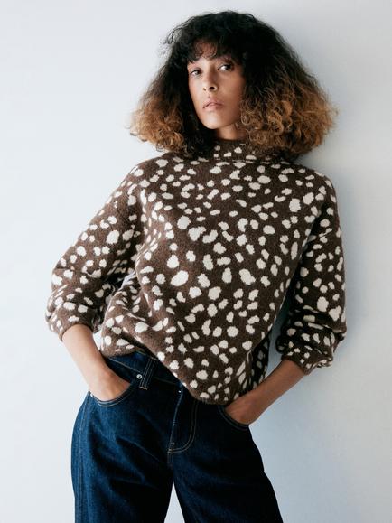 Mango Mock Neck Lightweight Knit Deer Pattern Jumper, Brown, Brown