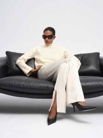 Mango High Neck Ribbed Knit Jumper, Raw