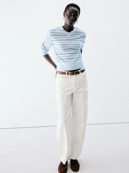 Mango Striped V-Neck Knit Jumper, Sky Blue, Sky Blue