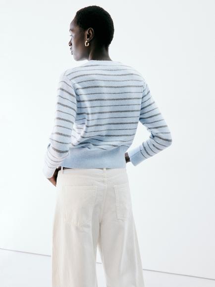 Mango Striped V-Neck Knit Jumper, Sky Blue - view 2, Sky Blue