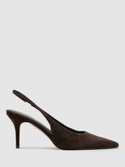 Reiss Camilla Suede Slingback Court Shoes, Dark Chocolate, Dark Chocolate