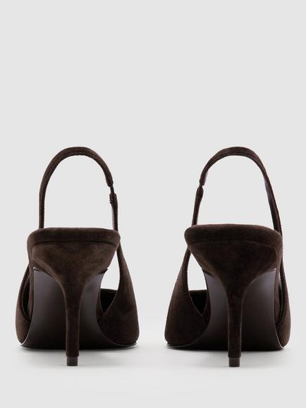 Reiss Camilla Suede Slingback Court Shoes, Dark Chocolate - view 2, Dark Chocolate