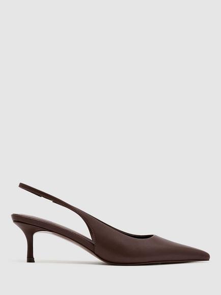 Reiss Carla Leather Kitten Heel Slingback Court Shoes, Chocolate, Chocolate