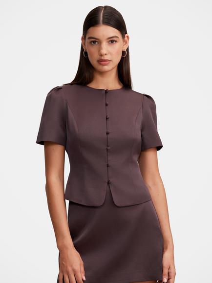 Forever New Tarni Short Sleeve Satin Blouse. Plum Brown Co-ord, Plum Brown Co-ord