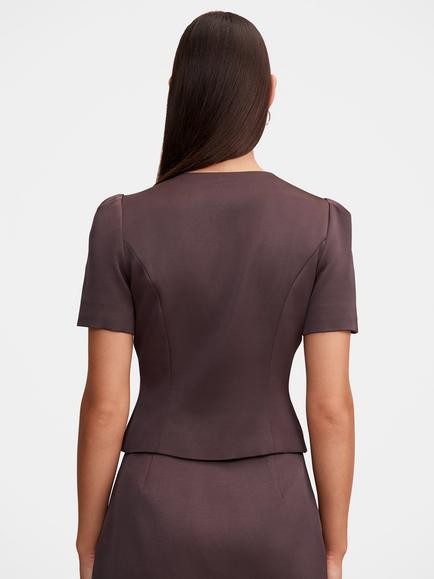 Forever New Tarni Short Sleeve Satin Blouse. Plum Brown Co-ord - view 2, Plum Brown Co-ord