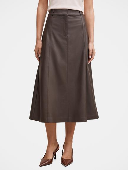 Forever New Isla Vegan Leather Flared Midi Skirt, Chocolate