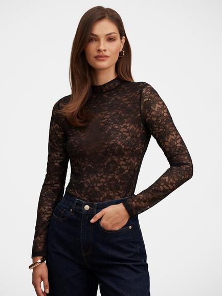 Forever New Bea Lace Bodysuit Top, Black, Black