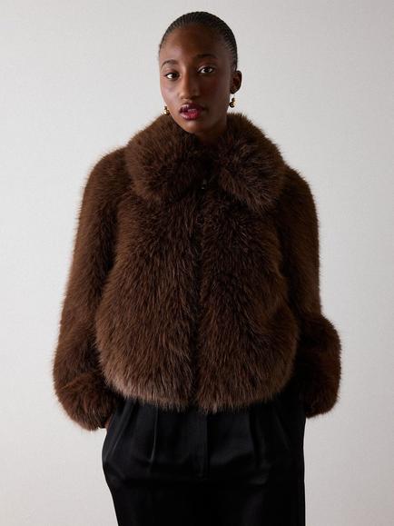 Whistles Short Faux Fur Jacket, Brown - view 2, Brown