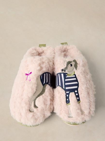 White Stuff Novelty Dog Motif Faux Fur Mule Slippers, Pink - view 2, Pink