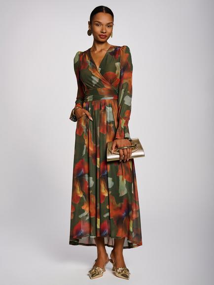 Jolie Moi Long Sleeve V-Neck Mesh Maxi Dress, Green Floral, Green Floral