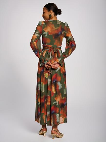 Jolie Moi Long Sleeve V-Neck Mesh Maxi Dress, Green Floral - view 2, Green Floral